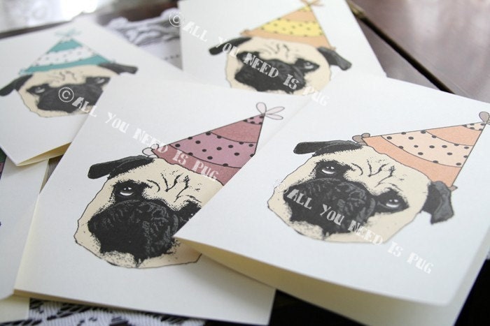 Party Pugs - Set of 6 Birthday Cards