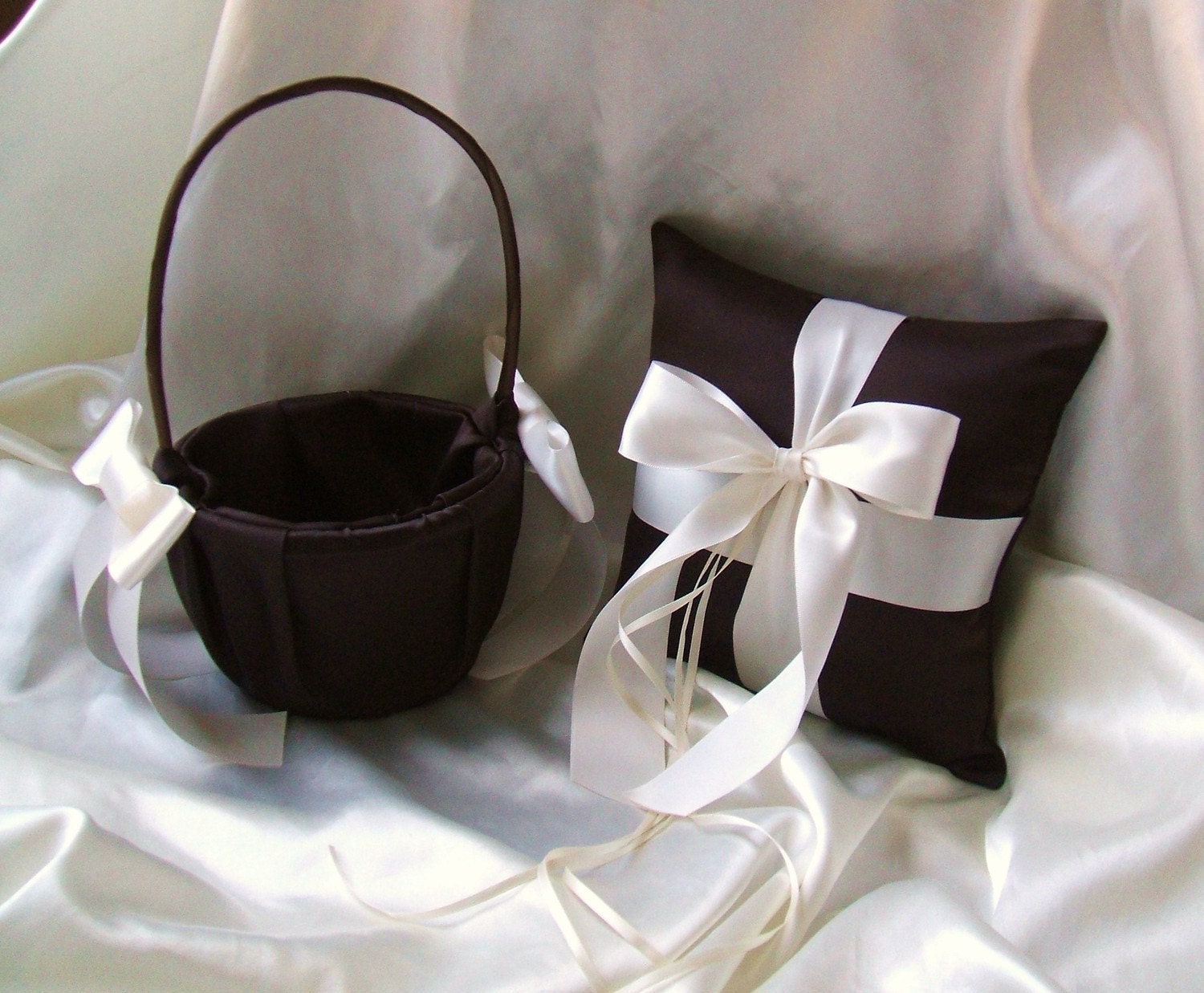 Custom Colors Flower Girl Basket and Romantic Satin Ring Bearer Pillow Combo...You Choose The Colors..shown in chocolate brown/ivory