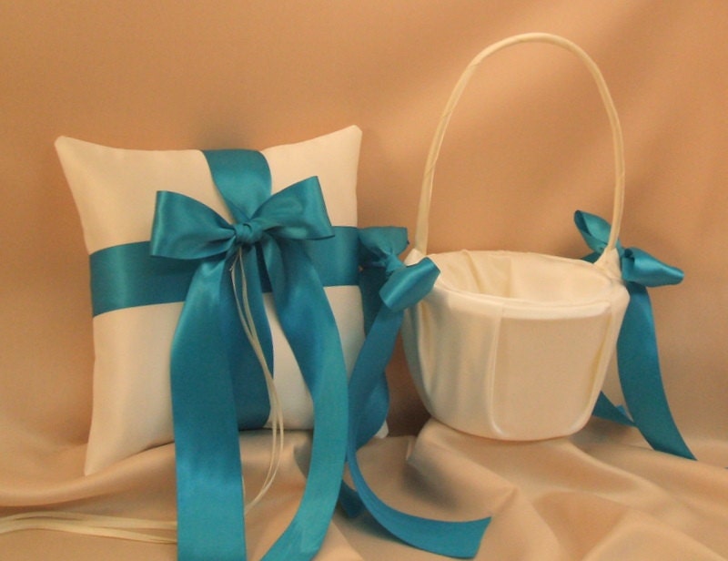 Romantic Satin Ring Bearer Pillow and Flower Girl Basket Set...You Choose The Colors..shown in ivory/teal