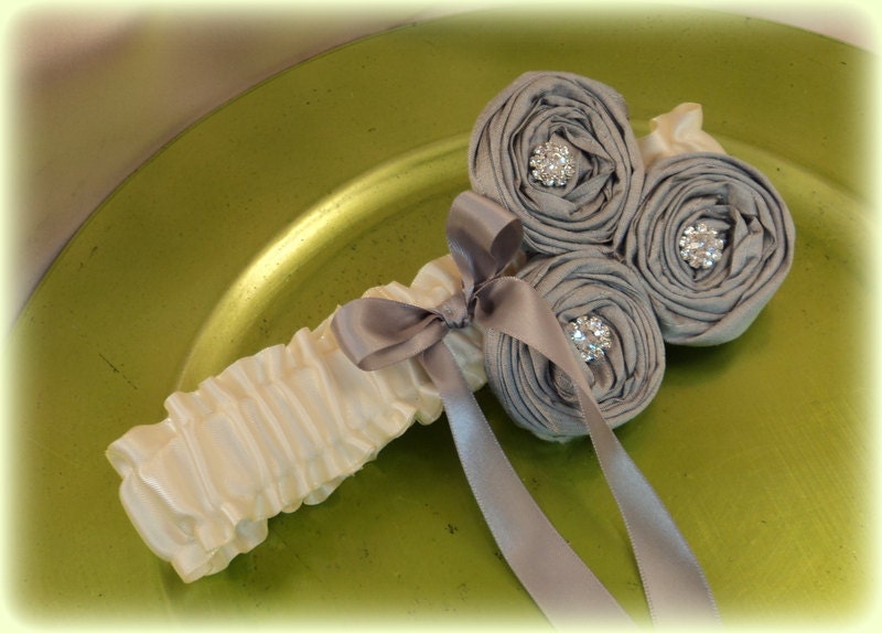 Dupioni Silk and Satin Flower Trio Ring Garter with Vibrant Rhinestone Accents...50 Plus Colors Available..shown in ivory/silver