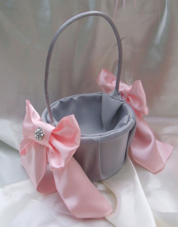 Bridal Satin and Sash Flower Girl Basket with Rhinestone Accent...Your Color Choice...Shown in Silver and Light Pink