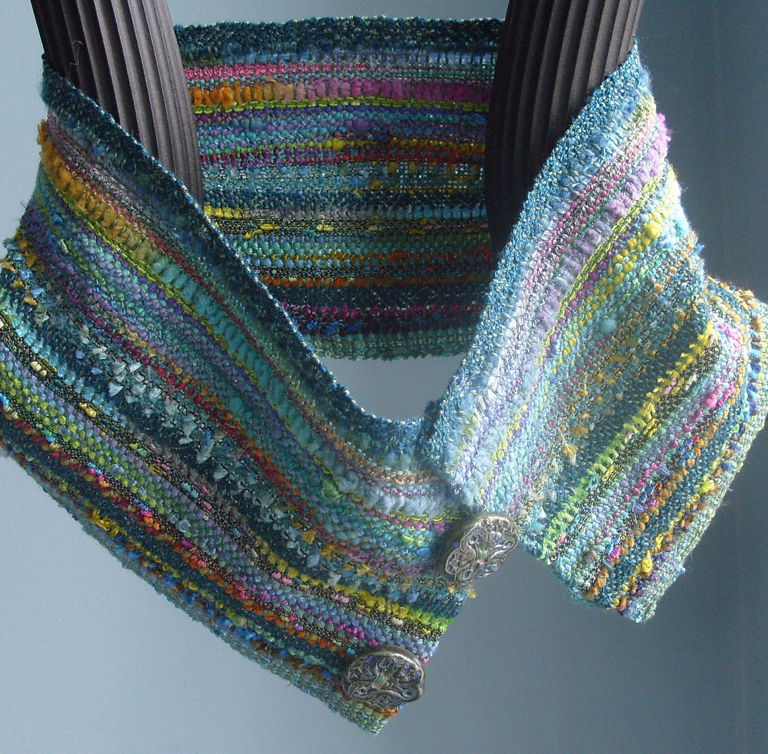 Handwoven Scarf, Small Neck Cuff, with Handmade Buttons, Forest Glen