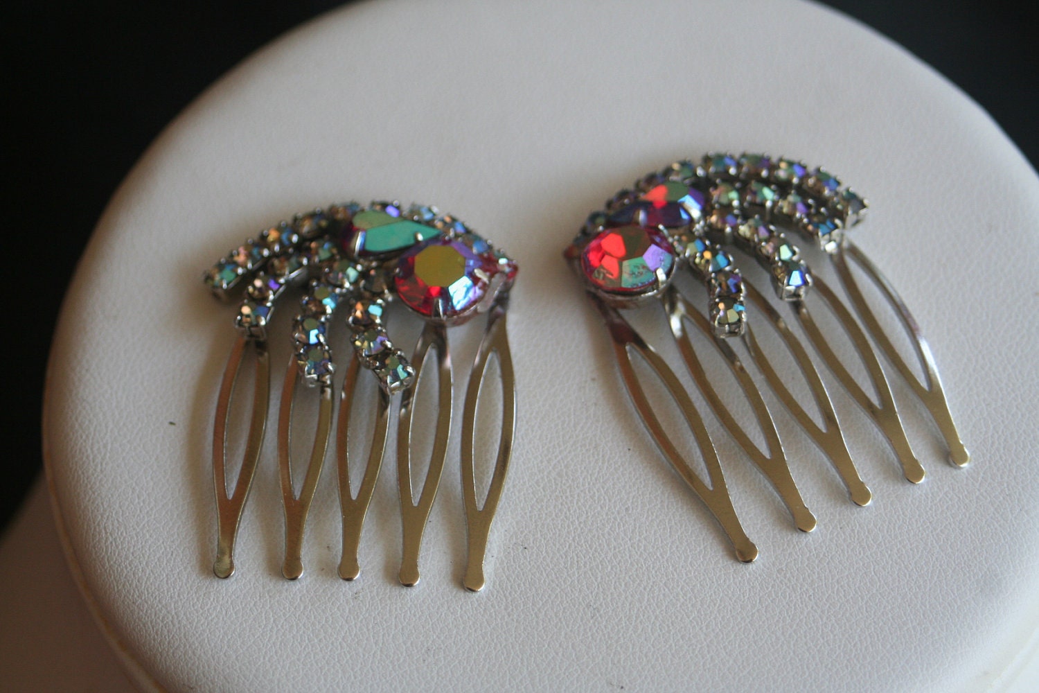 Red Rhinestone Crystal AB Upcycled Vintage Hair Combs