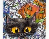 Black Cat Pumpking Halloween ACEO Original Art Print by Kevin King In Canvas Cloth