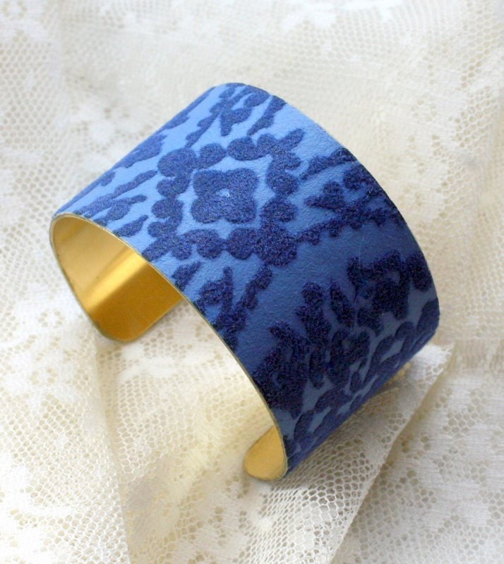 Blue on Blue Flocked Vintage Wallpaper Cuff Bracelet