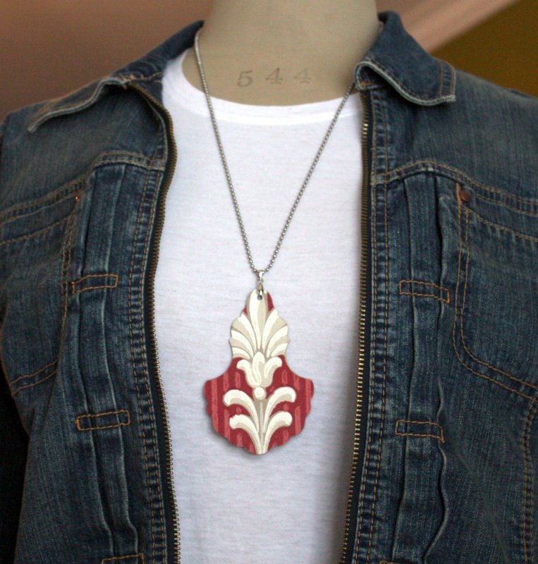 Art Deco Vintage Wallpaper on Zinc Necklace Pendant