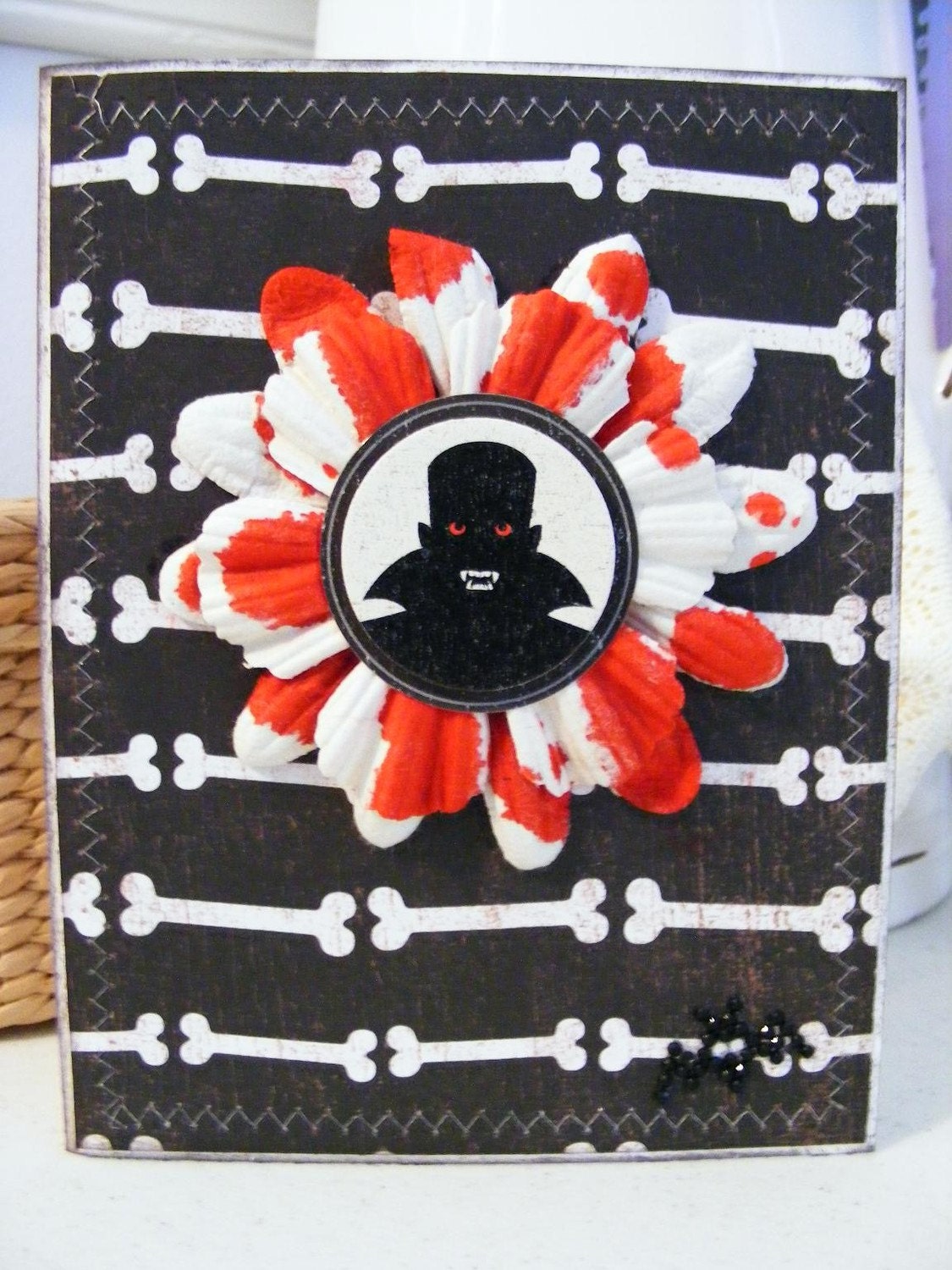 Handmade Sewn Halloween Dracula Vampire Creepy Flower Greeting Card Vintage Look