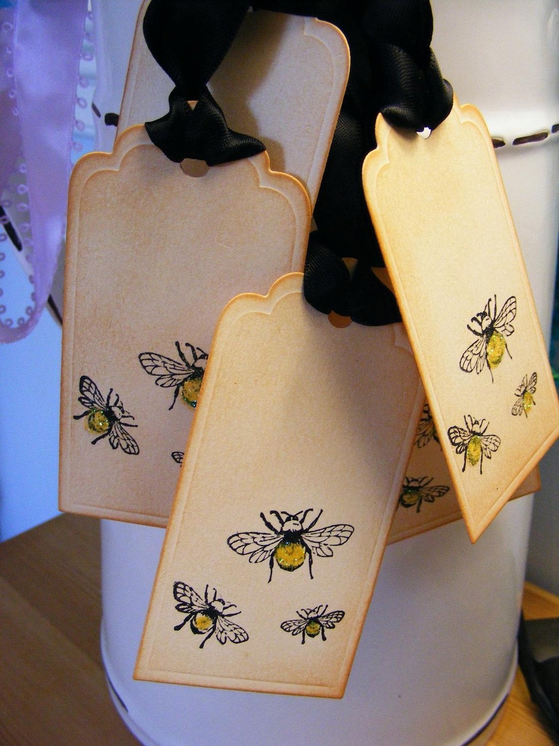 Bumble Bee Glitter Gift Tags Vintage Style Wishing Handmade Hand Stamped  Set of 5 Customization Available