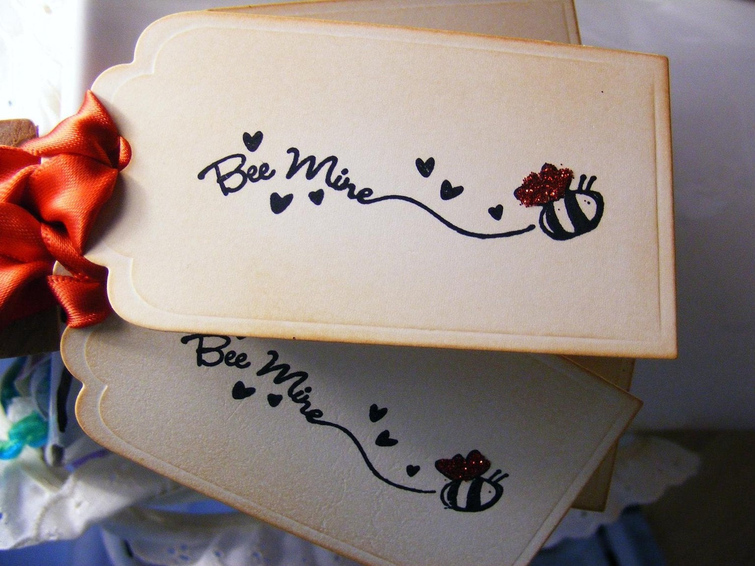 Bee Mine Heart Valentine Love Gift Tags Vintage Style Wishing Handmade Hand Stamped Bumble Bee Set of 5