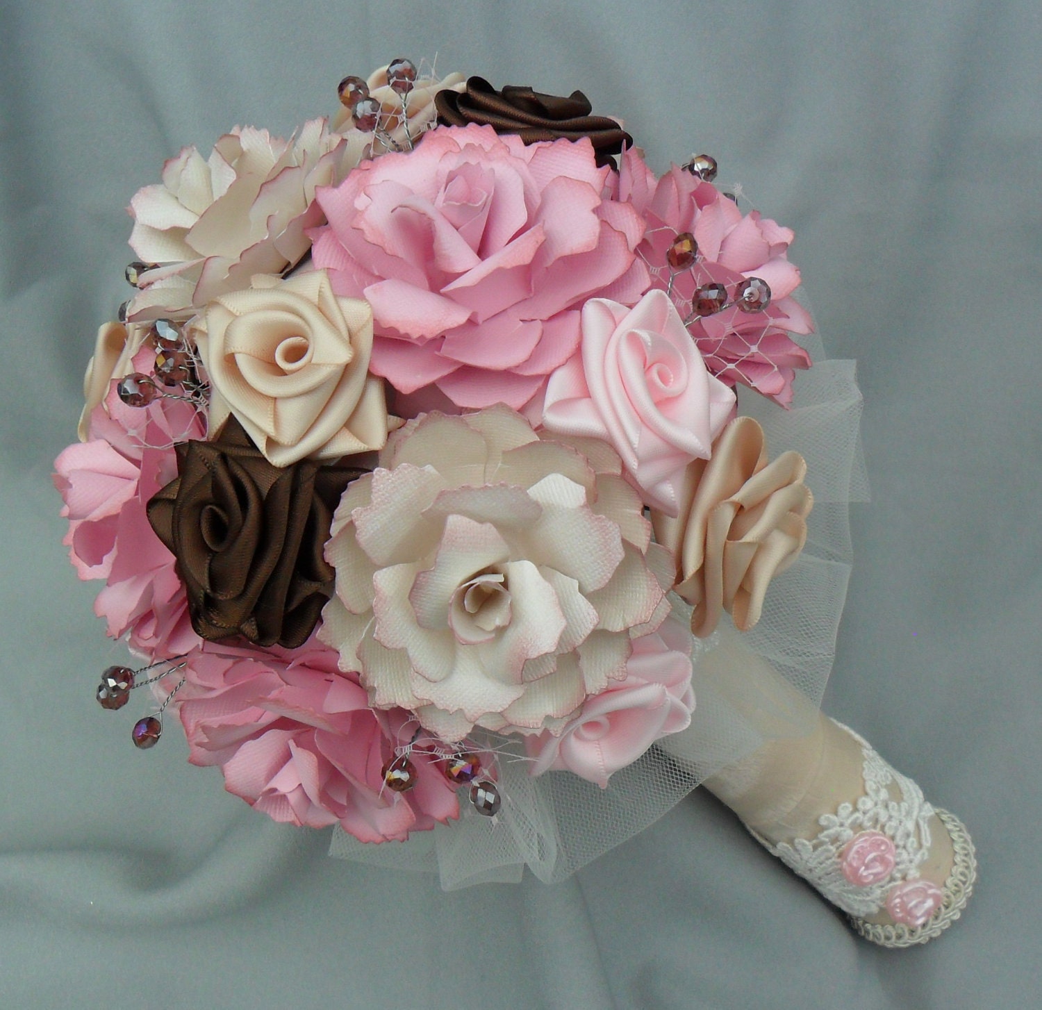 NEW - Large VINTAGE ROSE bouquet - A Beautiful vintage/antique inspired bouquet with crystals, french netting and satin flowers.