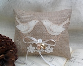 Burlap ring bearer pillow with burlap love birds appliqué  and vintage glass button.