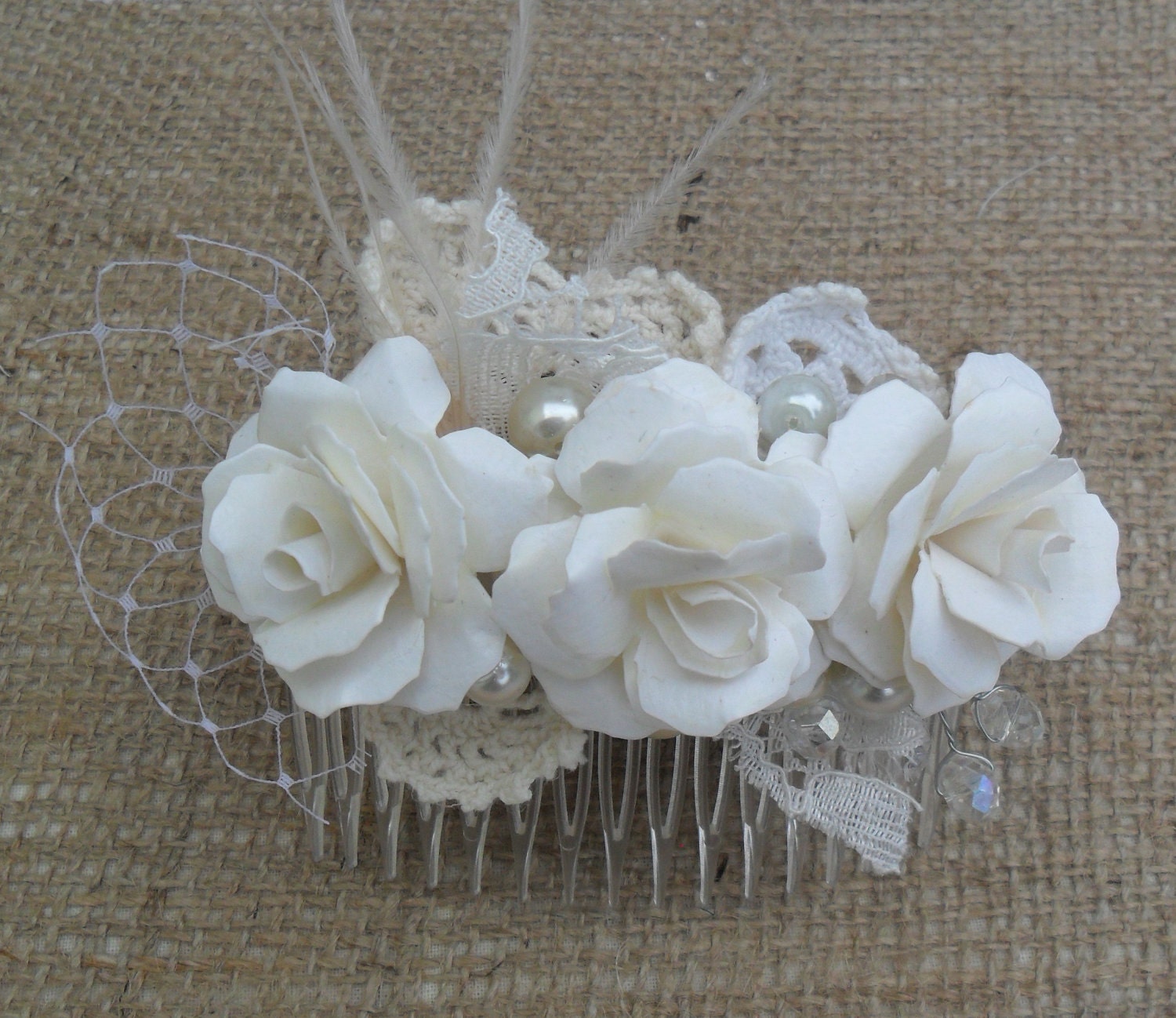 NEW - VINTAGE ELEGANCE bridal hair comb with handmade flowers, vintage lace, crystals and pearls.