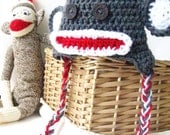 Sock Monkey Crochet Hat - Newborn to 4T - Baby GIrl Baby Boy Earflap Hat- Choose Your Size and Color