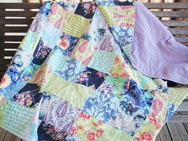 Patchwork Throw Quilt, Love in Soul, purple lavender navy blue green, ALL NATURAL, fresh modern handmade