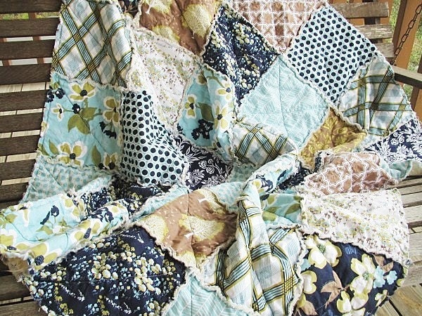 Picnic Quilt Throw, Rag, Modern Meadow, navy light blue brown, ALL NATURAL, fresh modern handmade