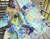 Picnic Quilt Throw, Rag, Love, navy blue green, ALL NATURAL, fresh modern handmade