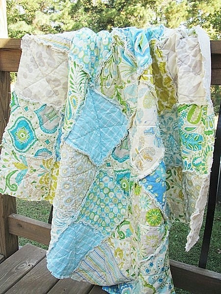 Picnic Quilt Throw, Rag, Kumari Garden, blue green, ALL NATURAL, fresh modern handmade home decor