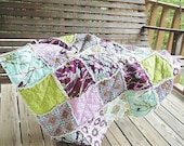 Picnic Quilt Throw, Rag, Aviary 2 lilac, purple green turquoise, ALL NATURAL, fresh modern handmade