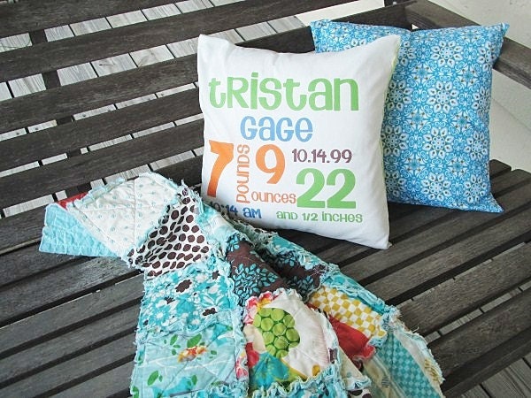 Baby Birth Stat Pillow and Sham, ALL NATURAL, fresh modern handmade children