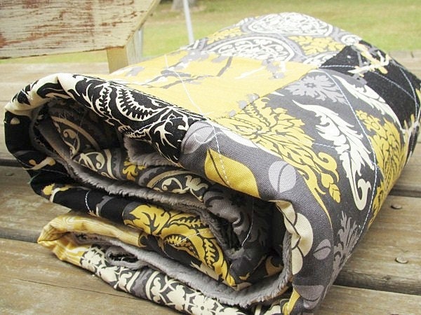 Minky Crib Quilt, Aviary 2 in granite, black grey silver yellow, PLUSH for baby, fresh modern handmade children