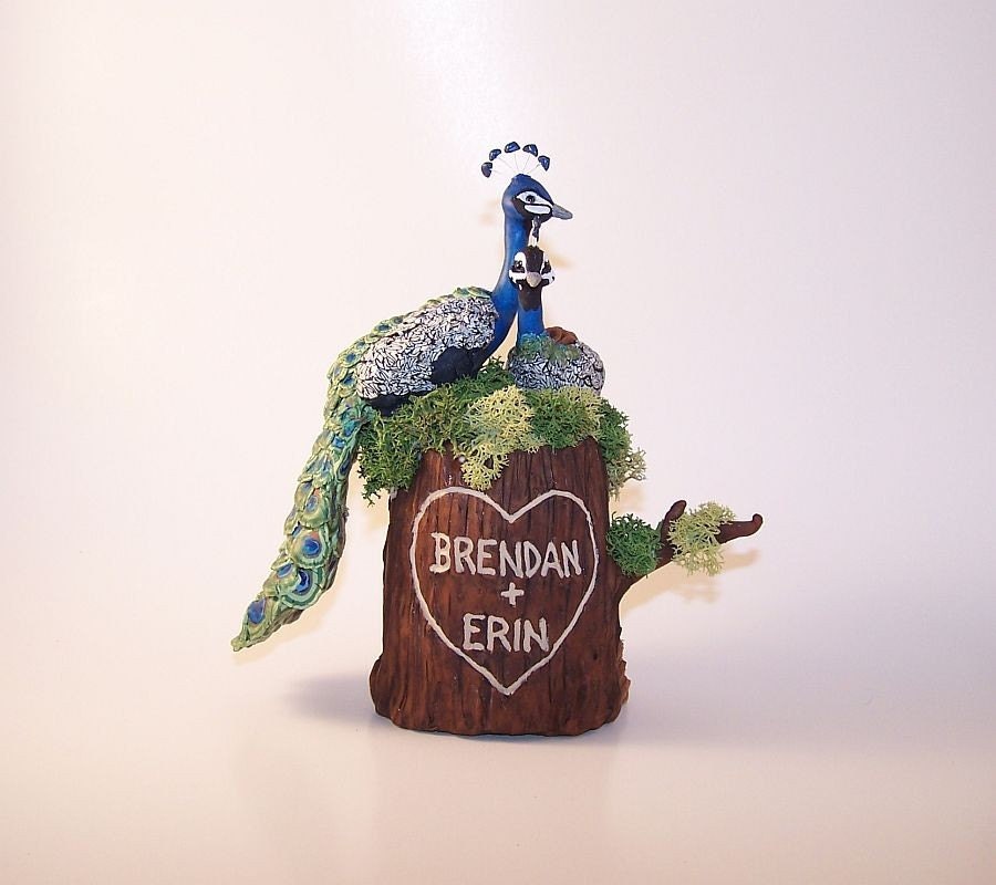 Small Custom Personalized Wedding Cake Topper Tree Stump Keepsake Sculpture - Peacocks in Love - Brendan and Erin