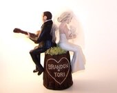 Small Custom Personalized Tree Stump Wedding Cake Topper Sculpture Keepsake Example - Bride, Groom and Guitar - Brandon and Tori