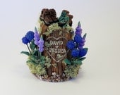 Small Custom Wedding Cake Topper Tree Stump Sculpture Keepsake Example - Hiking Boots, Lupine and Hydrangeas - David and Jessica