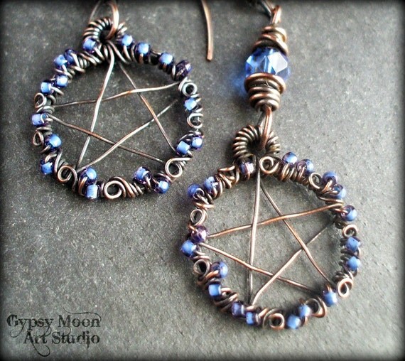 Pentacle Pentagram Earrings.  Copper Wire Wrapped Dangle Pentacle Earrings Free Shipping