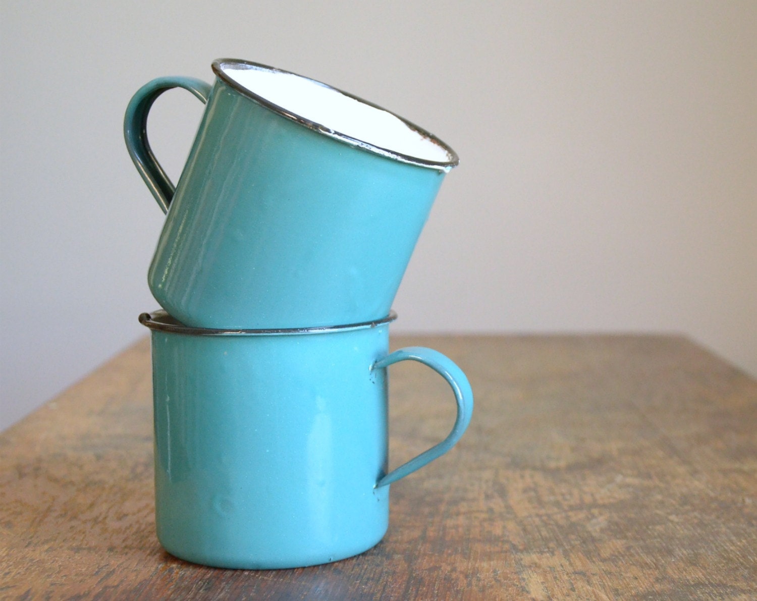 Vintage Turquoise Enamelware Camping Mugs .. Set of Two