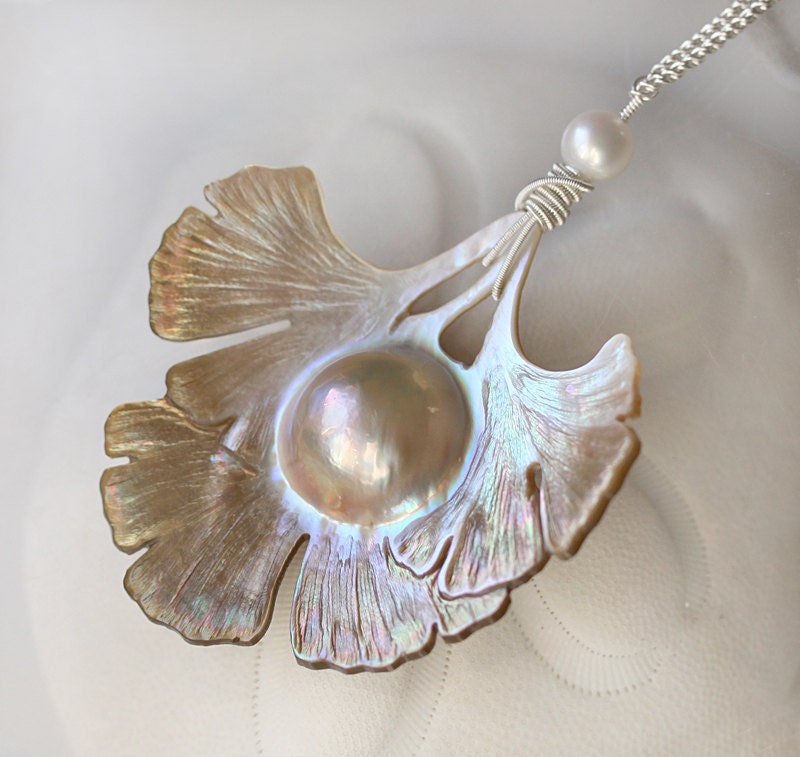 White Long Statement Necklace Carved Mabe Pearl Ginkgo Leaf Sterling Silver - Shinsei