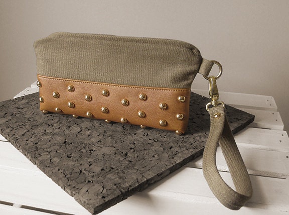 STUDDED CLUTCH (or wristlet). wheat brushed denim and faux scotch-colored leather.