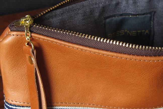 the 9-inch ZIPPER pouch. railroad denim and eco leather.