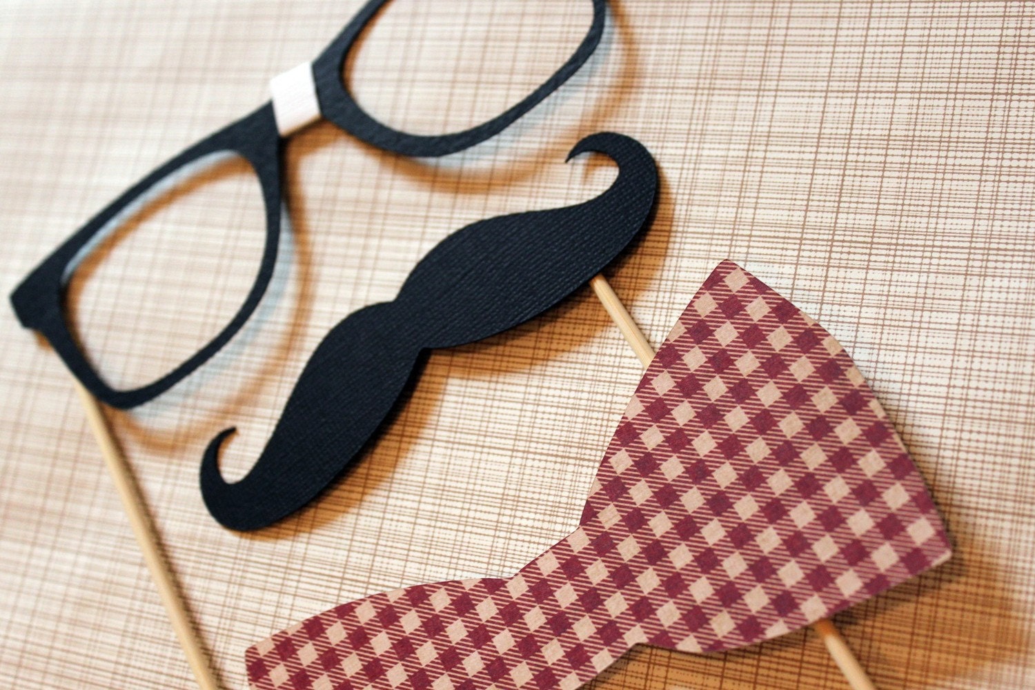 Currently featured in BRIDES Magazine. Geek Chic - Mustache, Bow Tie, and Geek Glasses on a Stick -  Three Peice Photobooth Prop Set