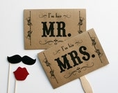 Wedding Photo Prop. Photo Booth Prop. Mustache on a Stick. Thank You and Mr. and Mrs. Kraft Double Sided Paddle Signs . Fan