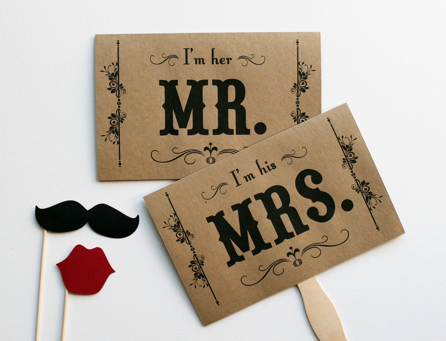 Wedding Photo Prop. Photo Booth Prop. Mustache on a Stick. Thank You and Mr. and Mrs. Kraft Double Sided Paddle Signs . Fan
