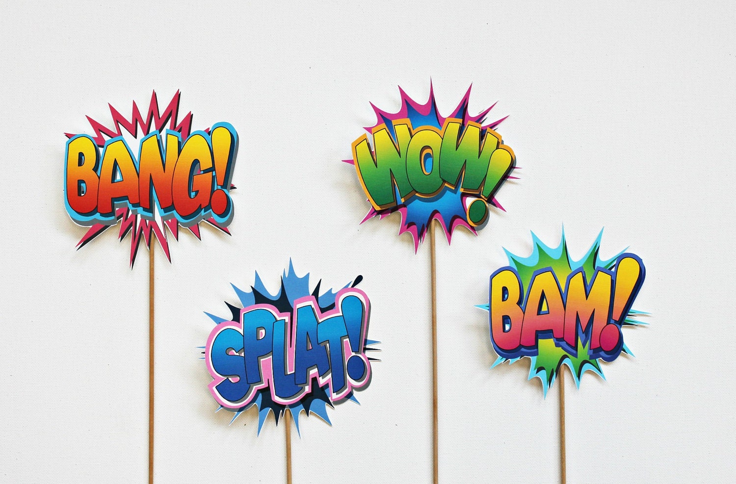 Vintage Super Hero Photo Booth Props. Shout Out Shout Outs on a Stick - Set of Eight