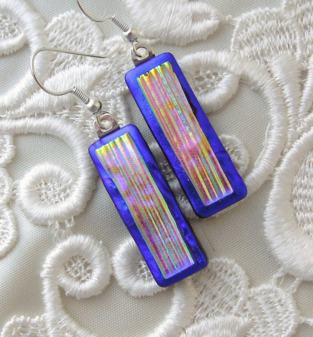 Dichroic Fused Glass Earrings, Glass Earrings, Funky, Retro, Blue Earrings X6329