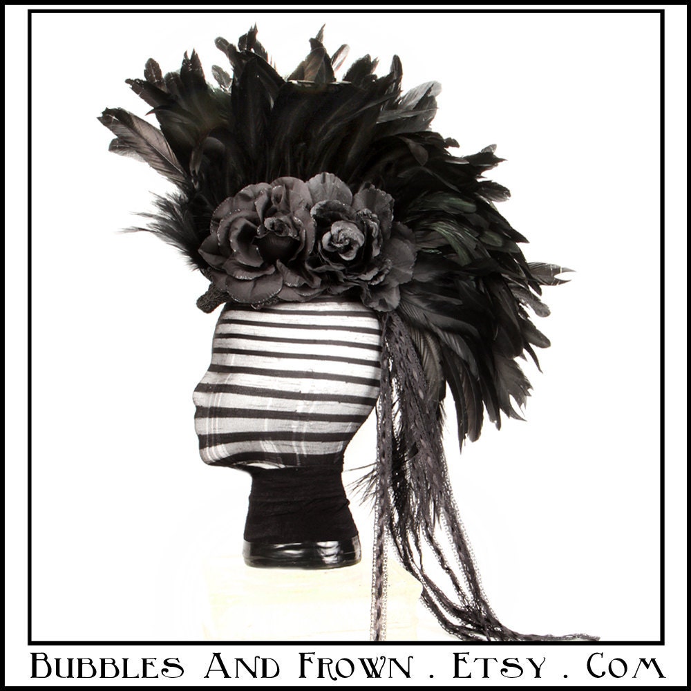 Crows Nest... Black Feather Mohawk with Ribbons and Roses