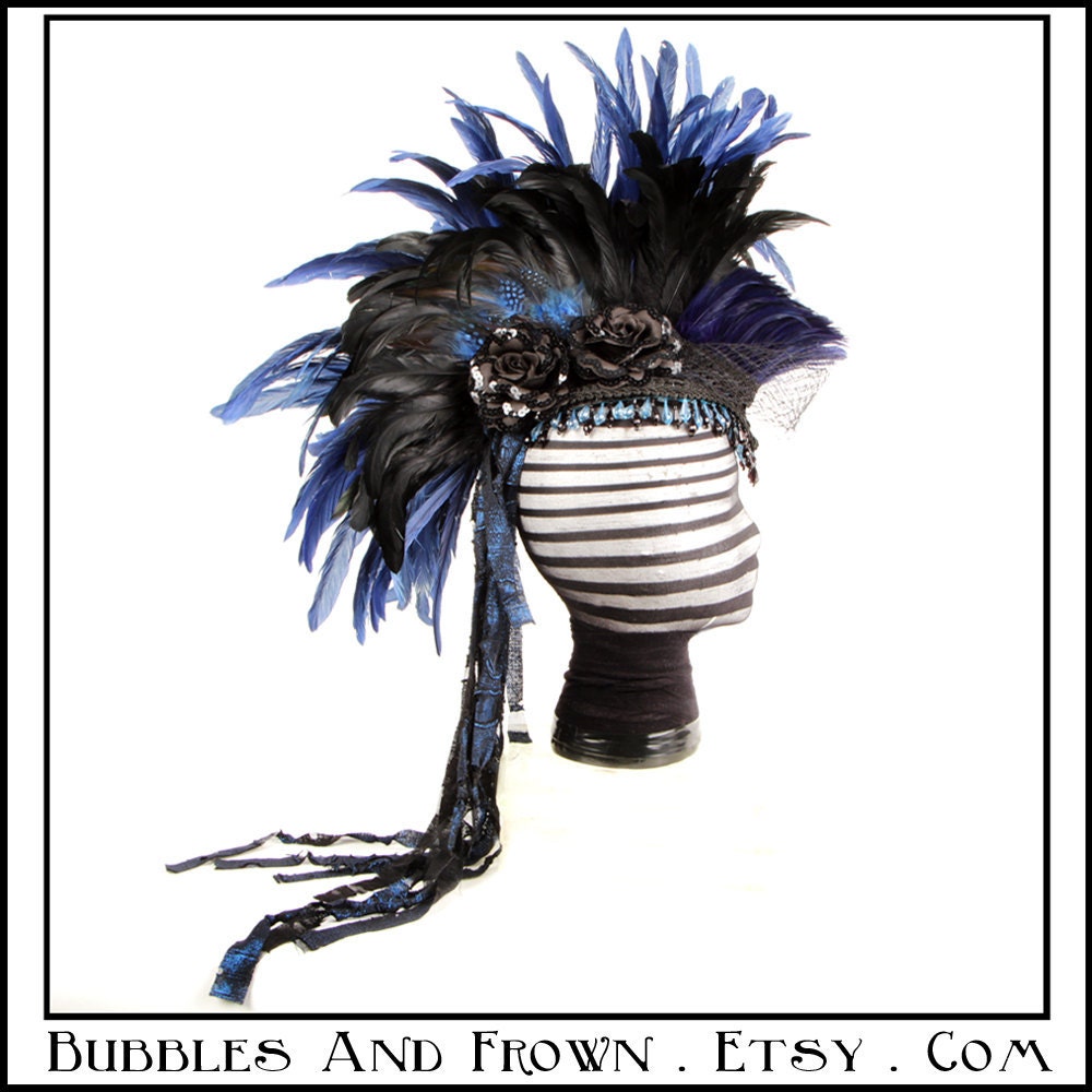 Blue Bayou ... Black and Blue Feather Mohawk with Ribbons and Beads