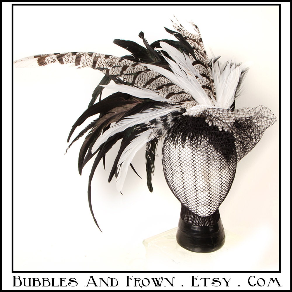 Zebra Chick.... Feather Headdress in Black and White with Beads