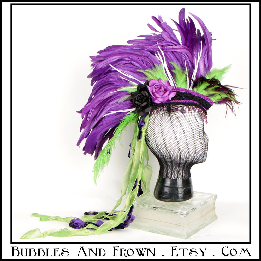 Goblin Party.... Feather Mohawk Headdress in Purples,Green and White with Beads and Ribbon