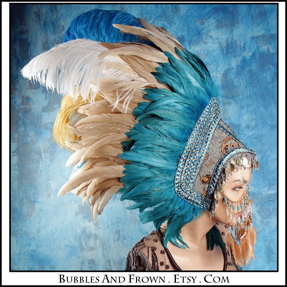 Mother Earth.... Feather Headdress with Metal Gypsy Veil