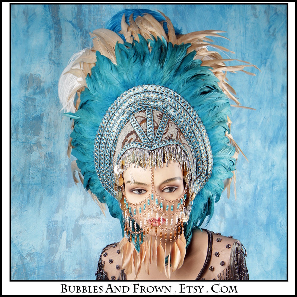 Mother Earth.... Feather Headdress with Metal Gypsy Veil
