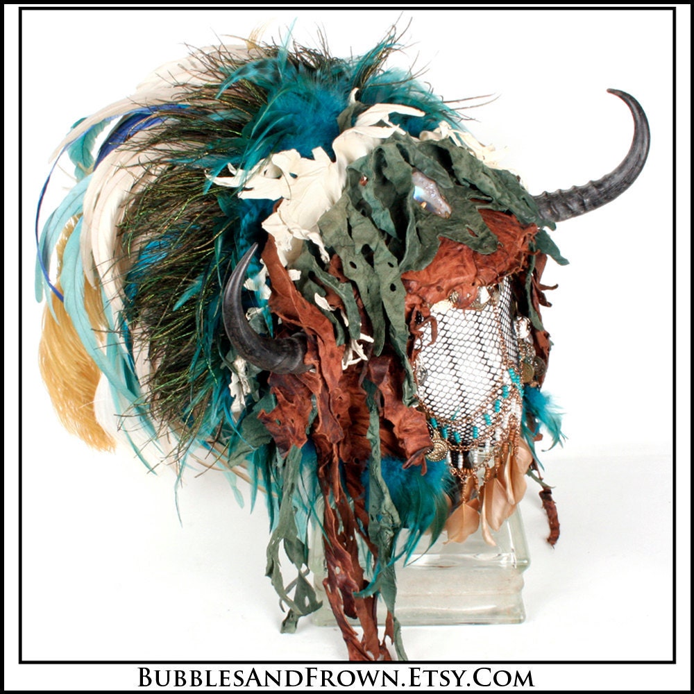 Wild Thing... Huge Feather Headdress in Aqua with Springbok Horns