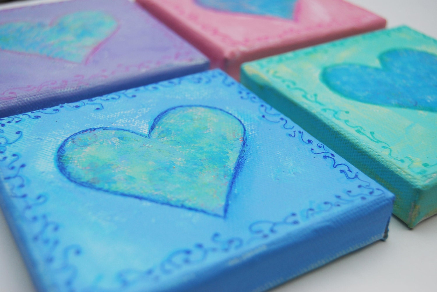 Pastel hearts original hand painted mixed media paintings on canvas x 4