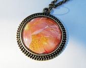 Large rose photo pendant necklace antique brass autumn colors - spring jewelry