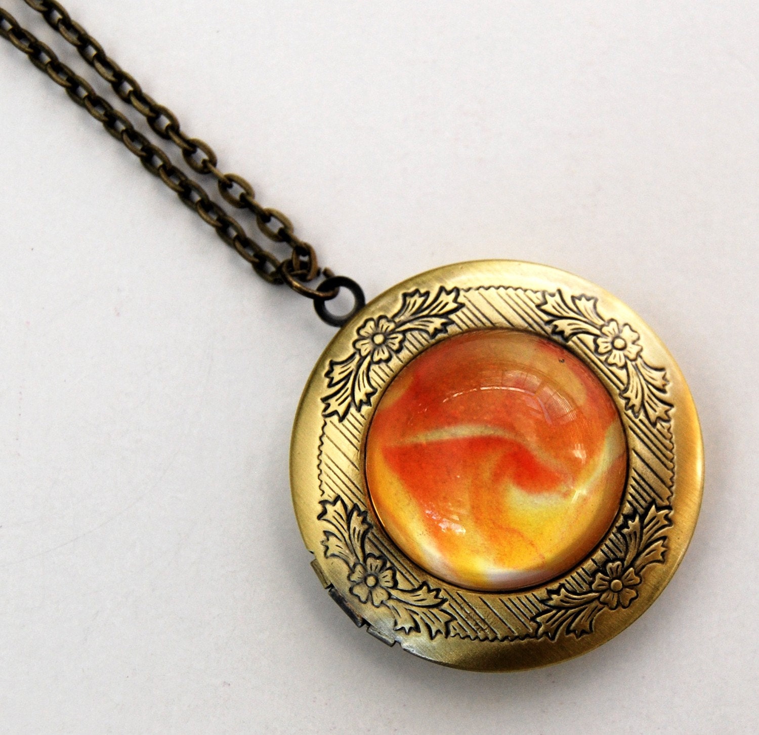 Locket Pendant with yellow rose print Victorian Brass necklace glass dome