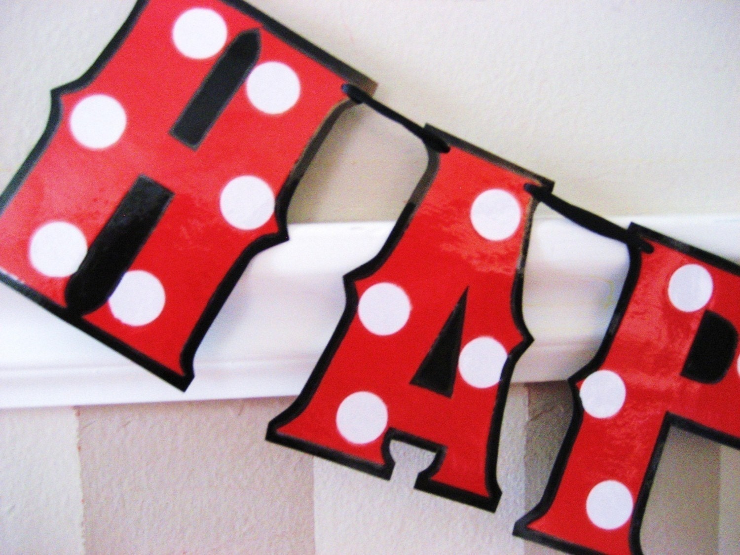 HAPPY BIRTHDAY Banner - red and white MiNNIE or MiCKEY style polka dots Il_570xn