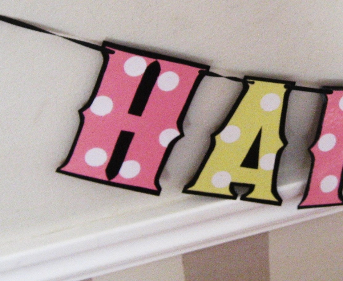Baby Minnie Mouse Birthday Banner - HAPPY BiRTHDAY - Pink Lemonade with Polka Dots on black Il_570xn