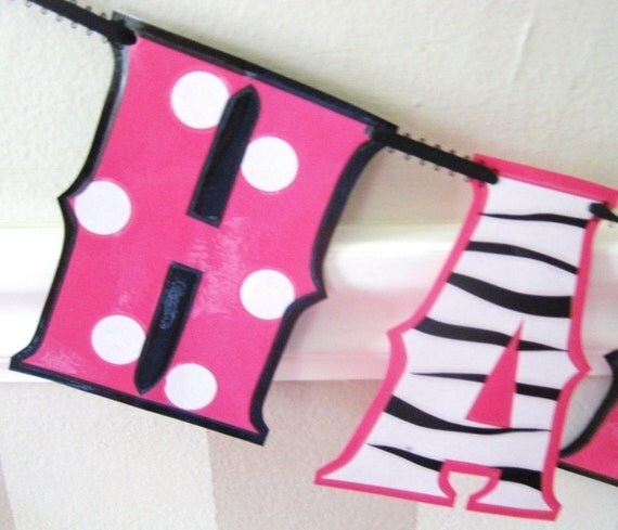 Minnie Zebra HaPPY BiRTHDAY Banner - black white and hot pink - Regular Size Il_570xn